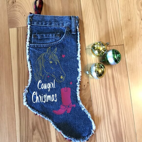 Handmade Denim Christmas Stocking: Cowgirl Christmas Horse Boot Graphics, S-M - Picture 3 of 8